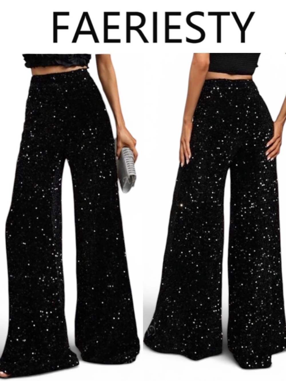FAERIESTY BLACK VELVET SEQUIN WIDE LEG PALAZZO PANTS GLAM PARTY DISCO SIZE LARGE